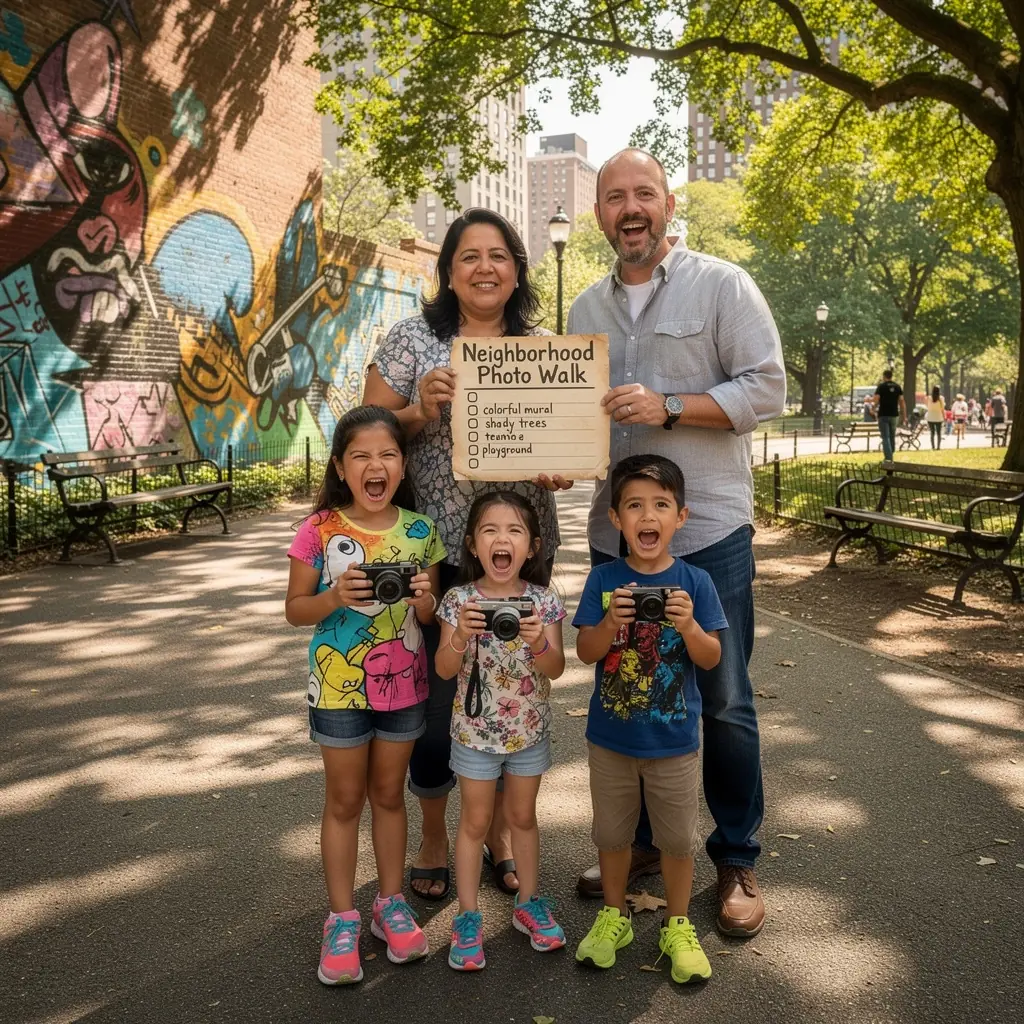 Zbliżenie na mapę okolicy z oznaczonymi trasami fotograficznymi i wskazówkami dla podróżnych.