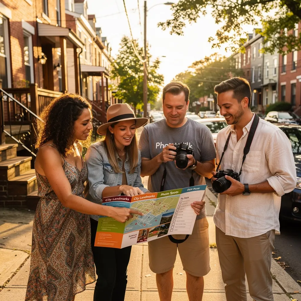 Grupa ludzi spacerujących po malowniczej ulicy, zatrzymujących się na robienie zdjęć.