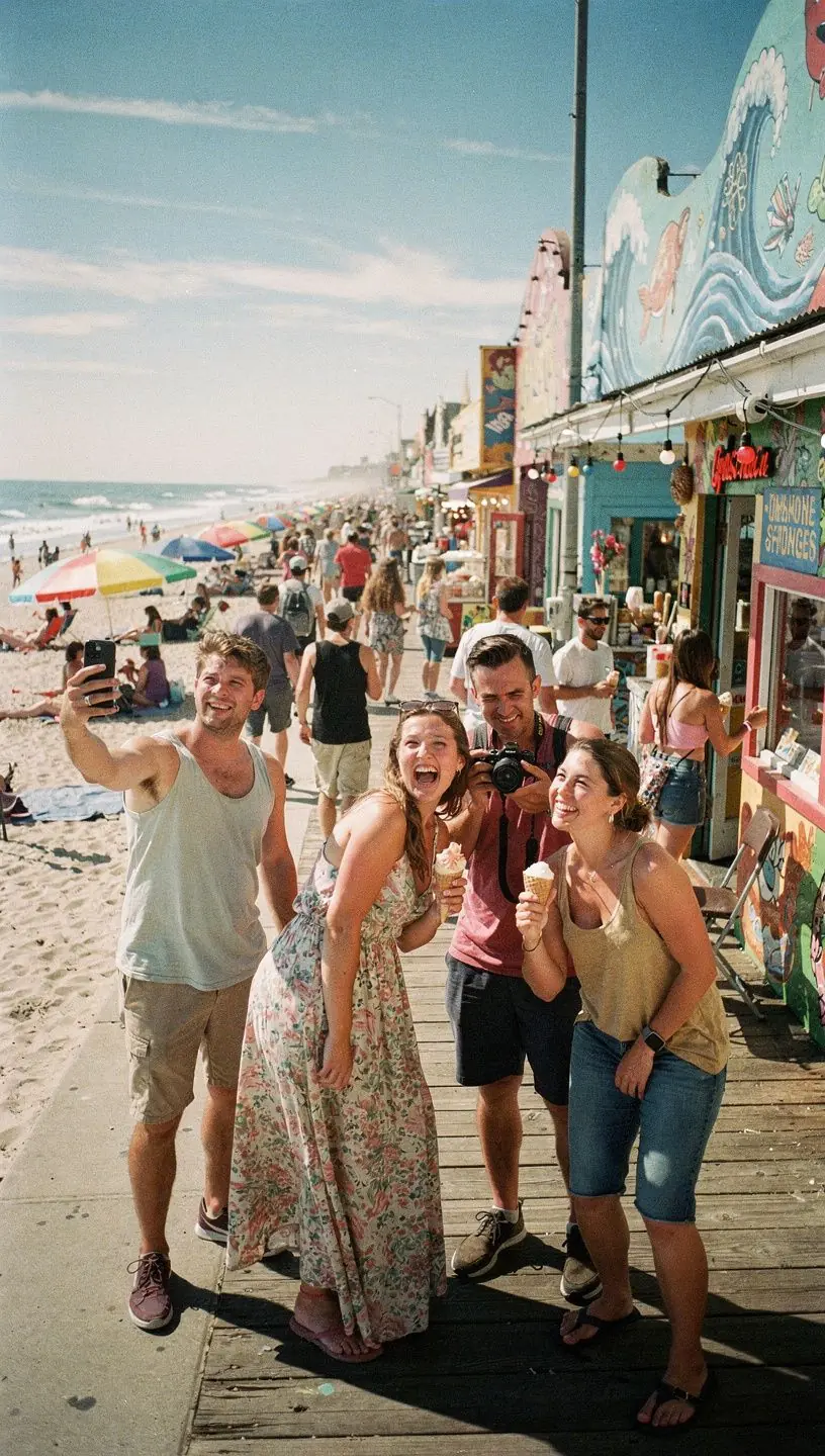 Grupa turystów z aparatami, odkrywających lokalne atrakcje w urokliwej dzielnicy.