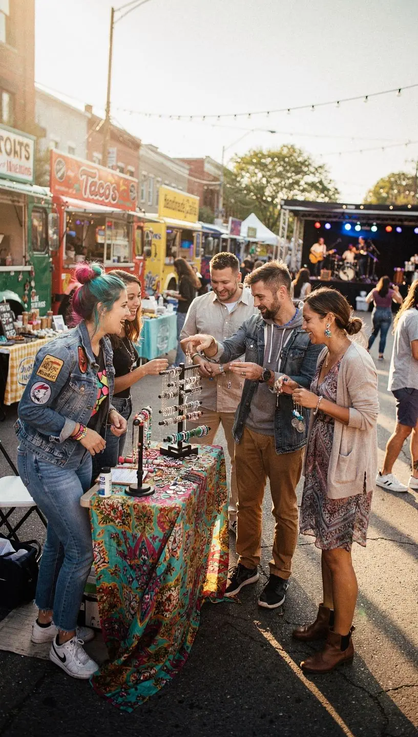 Grupa turystów spacerujących po lokalnym parku, podziwiających architekturę i przyrodę.