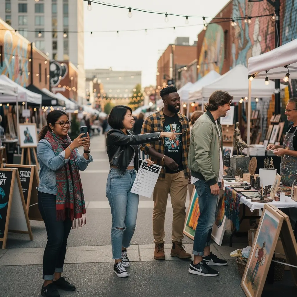 Grupa turystów z aparatami w rękach, eksplorująca lokalne atrakcje na zdjęciach.