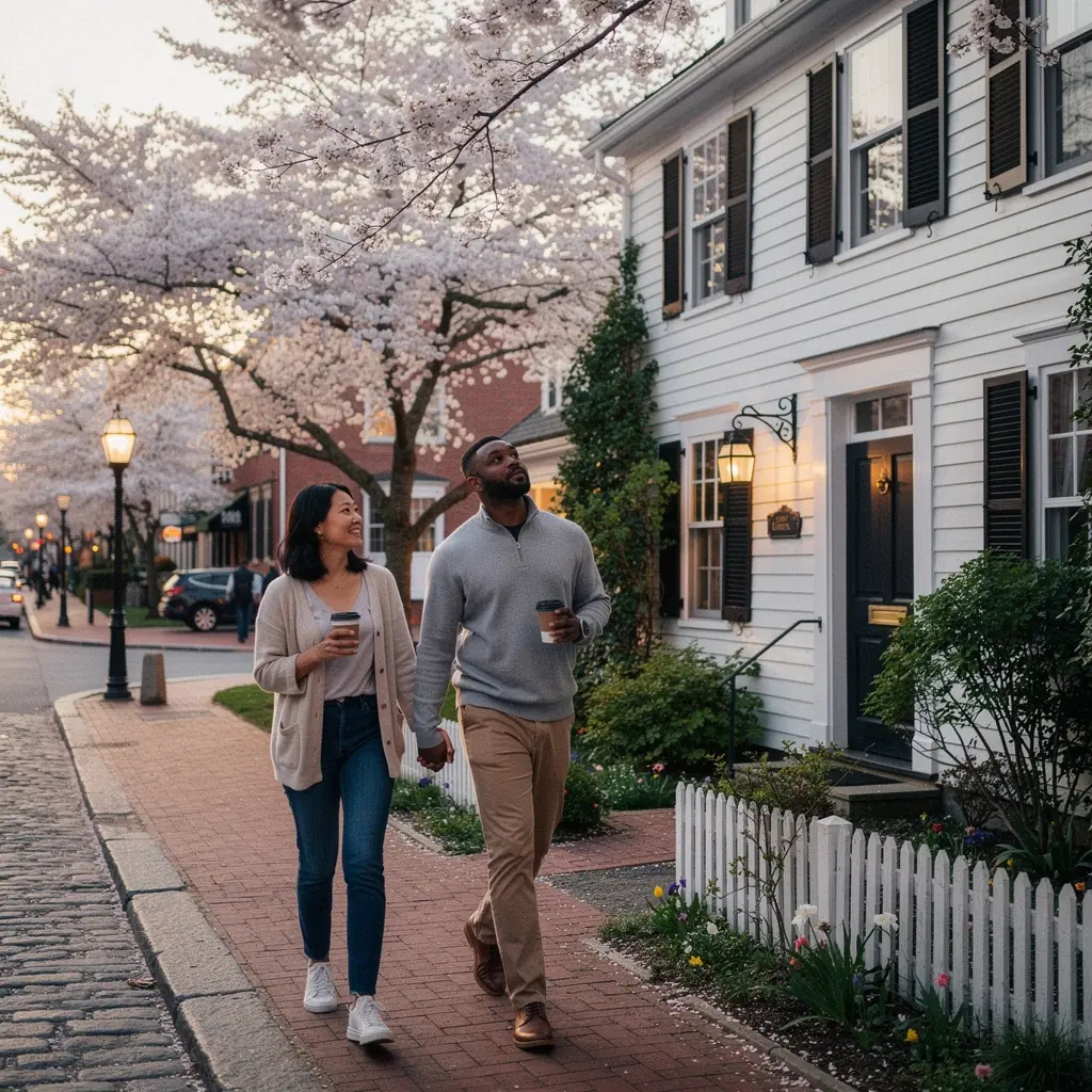 Widok na kolorowe budynki w lokalnej dzielnicy z turystami fotografującymi uliczne atrakcje.