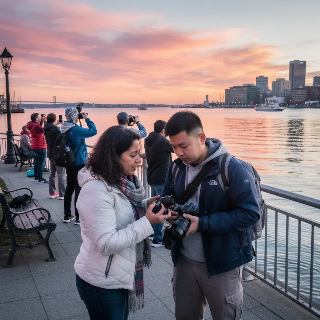 Zabytkowa ulica w malowniczym miasteczku z kolorowymi domami i drzewami w tle.