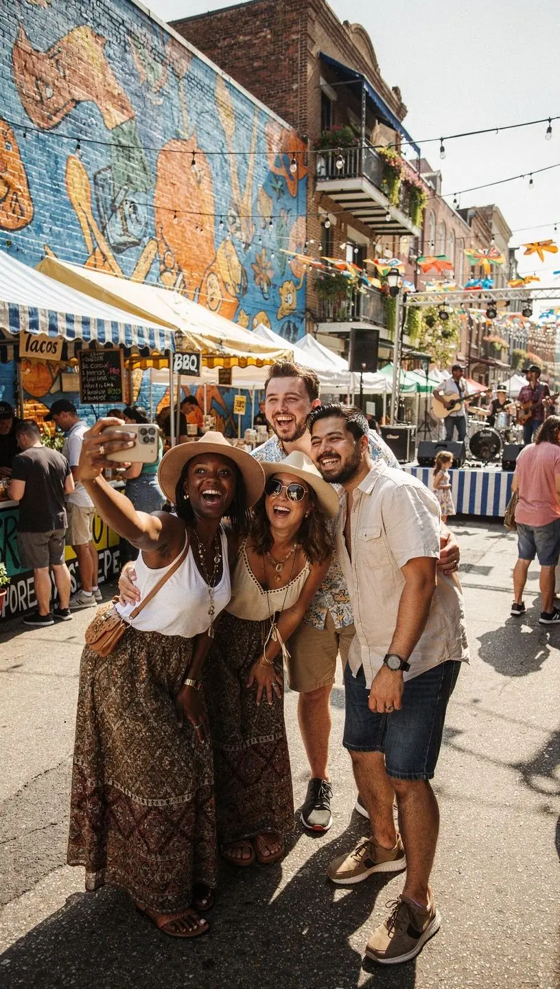 Wiele osób w interakcji z lokalnymi mieszkańcami w czasie fotograficznej wędrówki.